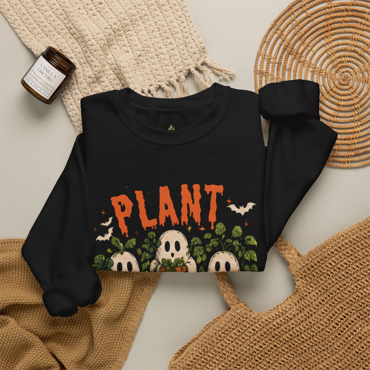 Plant Squad Sweatshirt — 'Plant Squad' Ghost Planters Crewneck with Back Quote 'Good Plants Scare Bad Days Away'