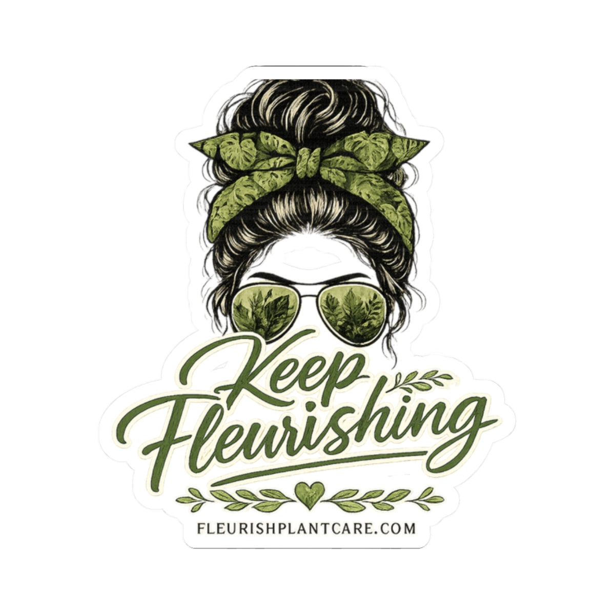 Keep Fleurishing Plant Mom Sticker — Green Messy Bun Floral Vinyl Sticker (Kiss-Cut)