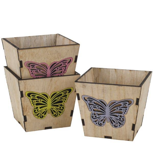 Butterfly Design Wooden Pot for Houseplants - 4" Size