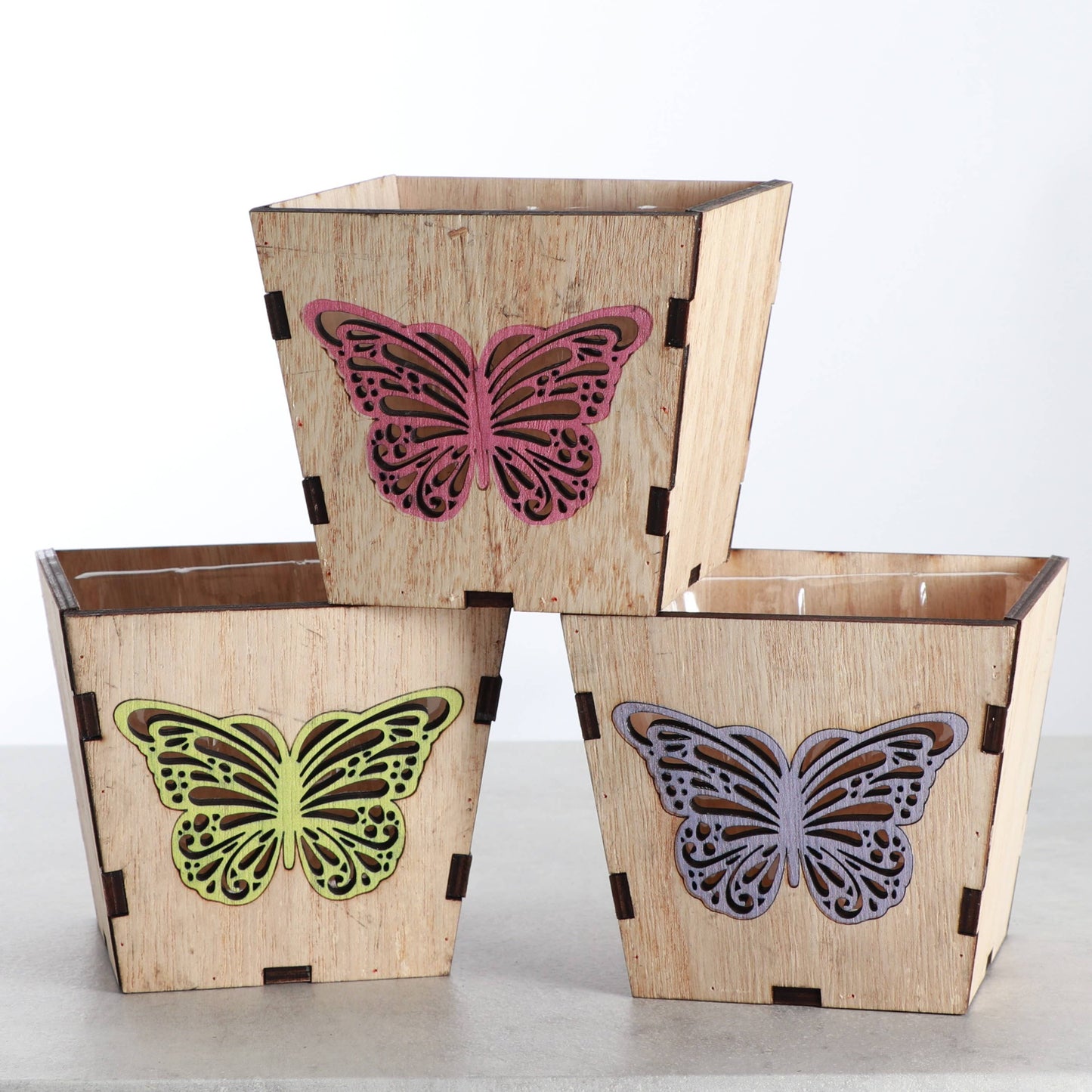 Butterfly Design Wooden Pot for Houseplants - 4" Size
